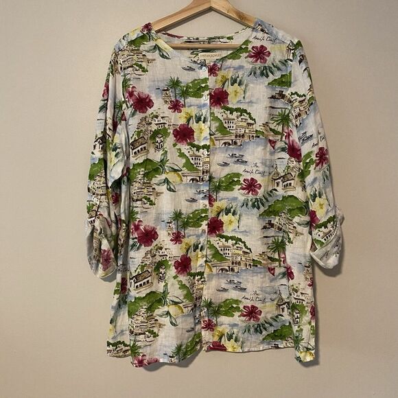 Cynthia Rowley Blouse Womens 1X Almalfi Coast Linen Floral Button Resort wear - Picture 1 of 10